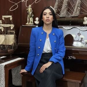 ZARA Blue Blazer GOLD BUTTON TEXTURED BLAZER Royal Blue XS